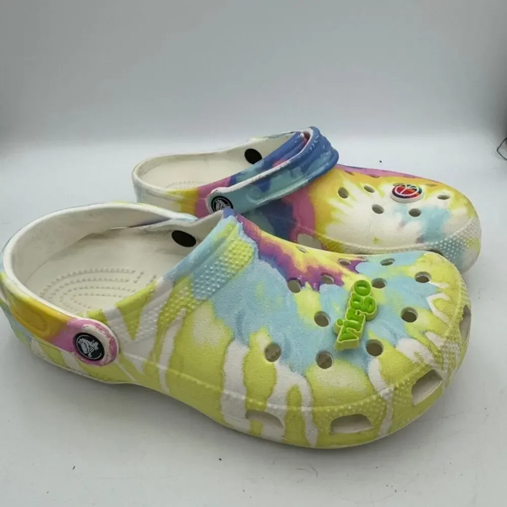 Crocs Classic Tie Dye Clog Women’s 8 Men’s 6 Multicolor Virgo Peace Charms